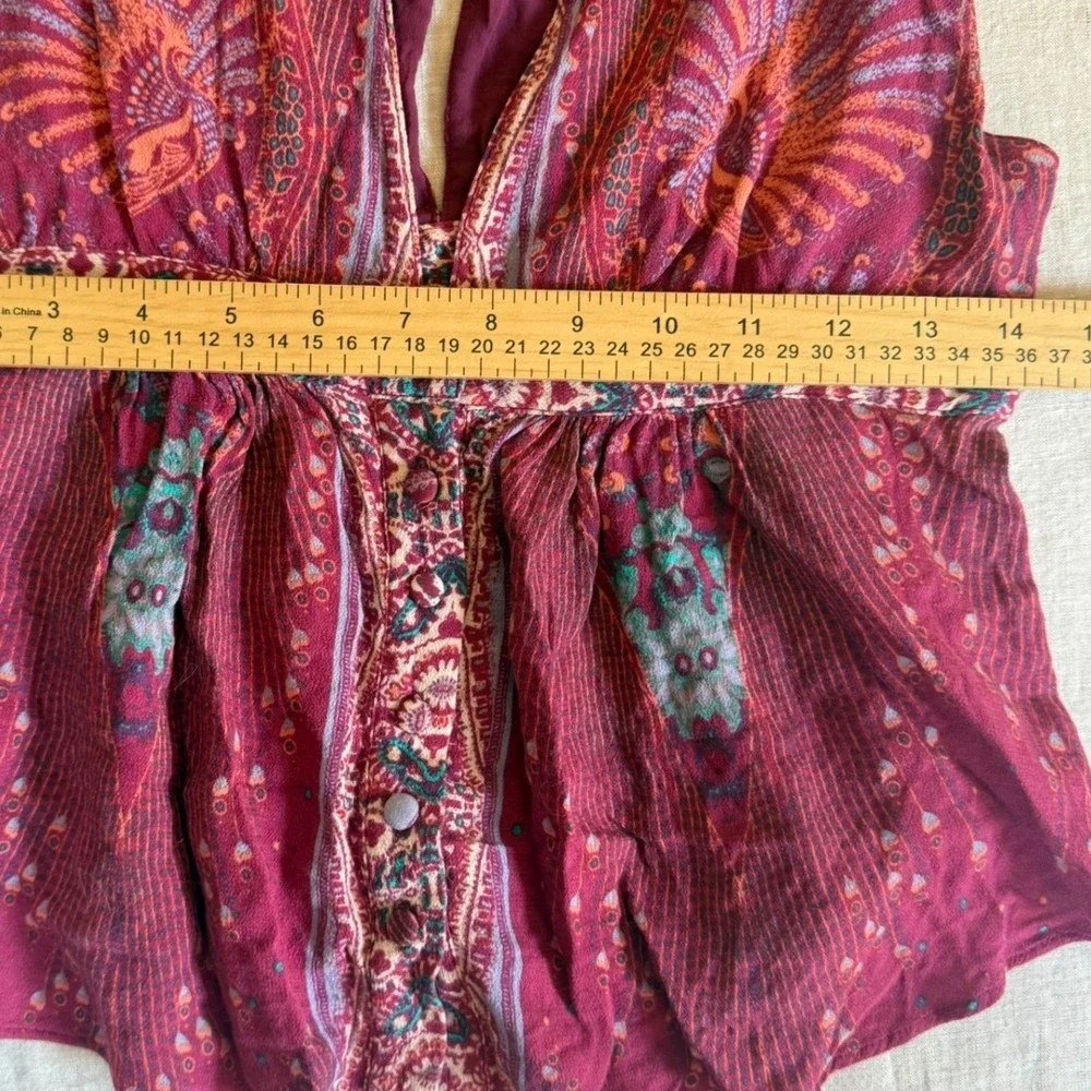 Free People Peplum Top Womens S Burgundy Paisley Sleeveless Boho V-Neck
